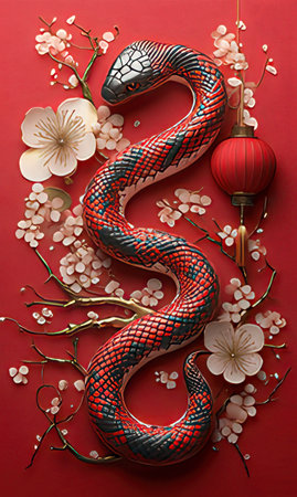 Chinese New Year of the Snake, Zodiac symbol of 2019 on red backgroundの素材