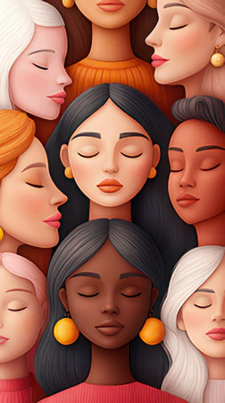 Group of women with closed eyes in a row. Vector illustration.の素材