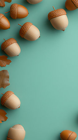 Acorns and acorns on a blue background. 3d renderingの素材