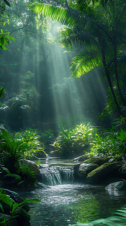 tropical waterfall in rainforest with sunbeams and lens flareの素材