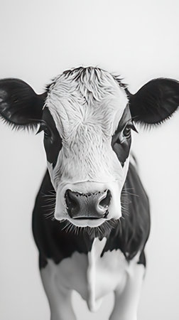 black and white portrait of a cow on a white background, close-upの素材