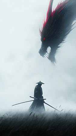 Fantasy landscape with a dragon and a flying dragon. 3d renderの素材