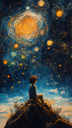 A boy sits on a rock and looks at the outer space. Fantasy painting.のeditorial素材