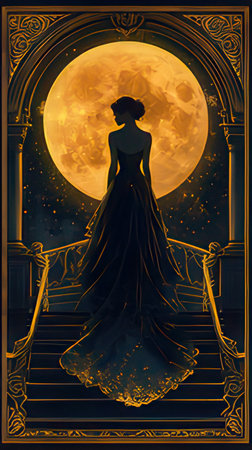 Vintage illustration of a girl in a long dress sitting on a chair and looking at the moonのeditorial素材