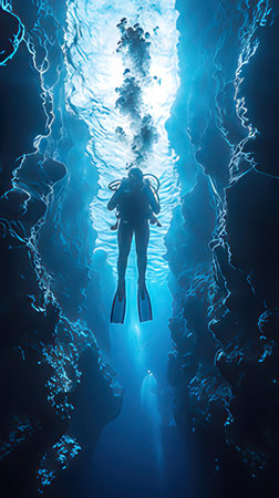 Scuba diver in deep blue water. Diving concept. 3D Renderingの素材