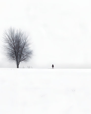 Winter landscape with lonely tree in the snow and a man walking aloneの素材
