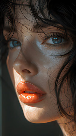 Close-up portrait of a beautiful young woman with red lips.のeditorial素材