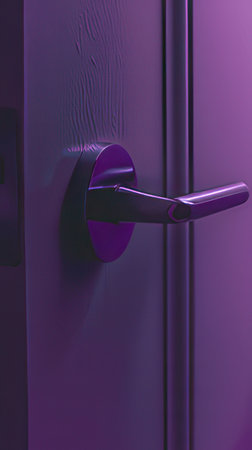 Close up of a door handle with purple light in a dark room.の素材