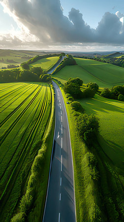 Aerial view of a country road in the middle of a green summer landscapeの素材