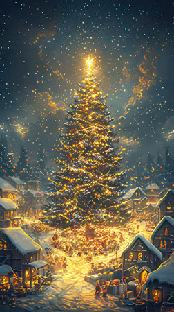 Christmas and New Year holiday background with Christmas tree in the village.の素材