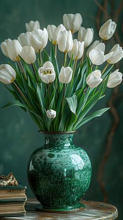Bouquet of white tulips in a green vase on a dark backgroundの素材