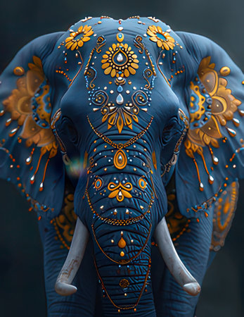 Close up of an elephant's head with a beautiful bohemian pattern.の素材