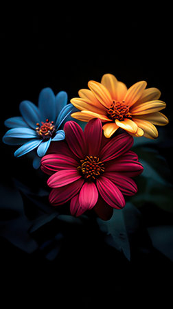 Colorful daisies on black background. Floral background.の素材