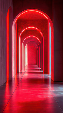 Futuristic corridor with red neon lights. 3D rendering.の素材