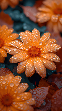 Orange gerbera flower with water drops on the petals.の素材