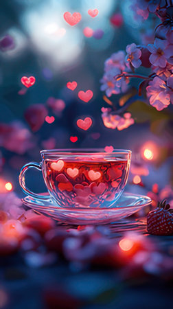 Cup of tea with cherry blossoms and hearts on bokeh backgroundの素材