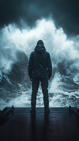 Young man standing in front of a stormy ocean. Concept of extreme dangerの素材