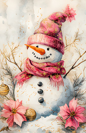Watercolor painting of snowman in hat and scarf with flowers.の素材