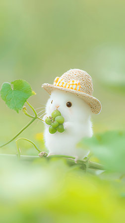 Cute little hamster in hat with grapes on green nature background.の素材