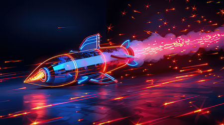 3d rendering of a space ship on a dark background with neon lightsの素材