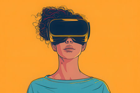 Illustration of a woman wearing virtual reality goggles. Vector illustration.の素材