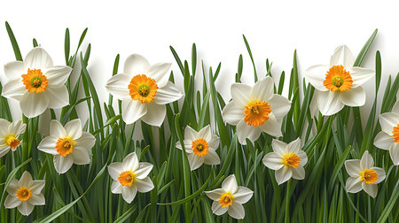 White daffodils with green grass isolated on white background. Vector illustration.の素材