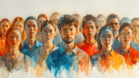 Group of people with different skin colors. Digital painting. 3d renderingの素材