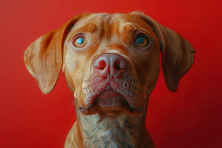Portrait of a Vizsla dog on a red background.の素材