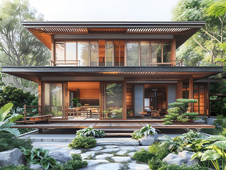 3d rendering of modern cozy chalet with pool and parking for sale or rent. Massive timber beams columns. Clear sunny summer day with golden light from window.の素材