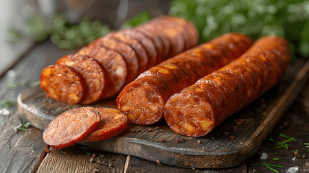 Smoked sausages on a cutting board, close-upの素材