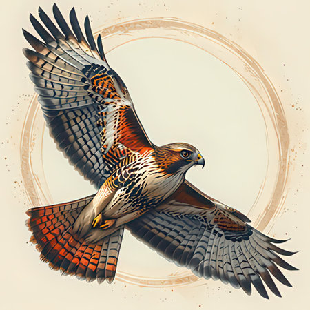 Red-tailed hawk in flight. Vintage style. Vector illustration.の素材