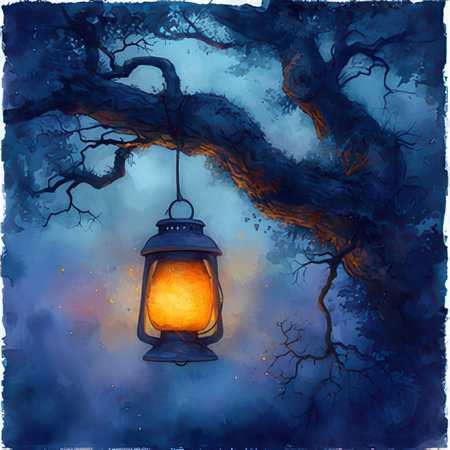 Hand drawn illustration of a vintage lantern on the background of the night forest.の素材
