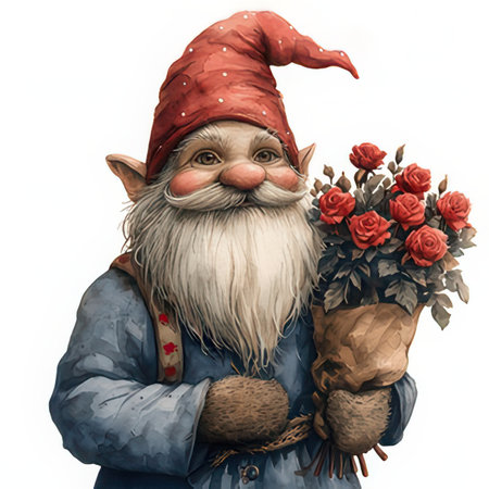 Portrait of a gnome with a bouquet of roses.のeditorial素材