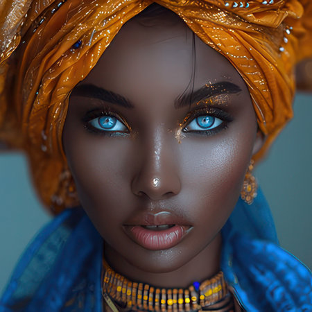 Portrait of a beautiful young African woman in a turban.の素材