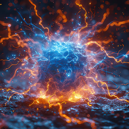 3D illustration of an electric discharge of lightning in the space.の素材