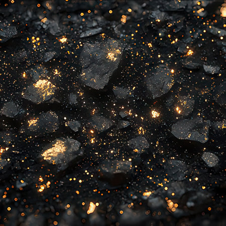 Coal texture background. Abstract background of natural black coal with golden sparkles.の素材