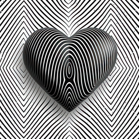 Black and white striped heart on a black and white striped background.の素材