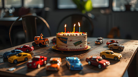 Birthday cake with candles and toy cars in the background on the tableの素材