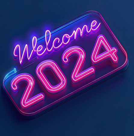 New Year neon sign, 3D rendering isolated on blue backgroundの素材