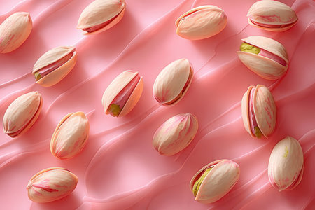 Delicious pistachios on pink background, top view. Healthy foodの素材