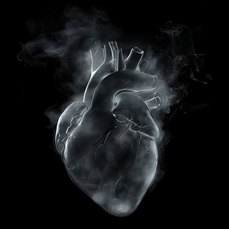 Human heart on a black background with smoke. 3d illustration.の素材