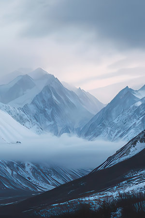 Mountain landscape with snow and fog in Himalayas, Nepalの素材