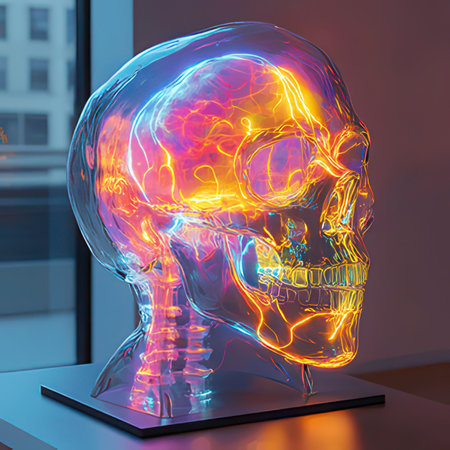 3d render of human skull with glowing neon lights. Front view.の素材