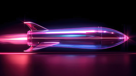 3d rendering of a rocket on a dark background with neon lightsの素材