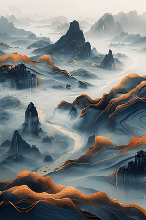 Fantasy alien planet. Mountain and lake. 3D illustration.の素材