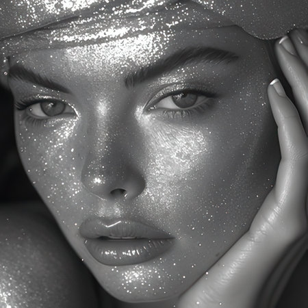 Portrait of beautiful young woman with glitter makeup. Black and white photo.のeditorial素材