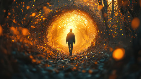 Silhouette of a man walking through a tunnel in the forest. 3d renderingの素材