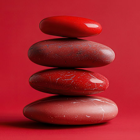 Stack of red pebbles on red background. Zen concept.の素材