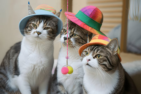 Three cats in hats and hats are waiting for the New Year.の素材