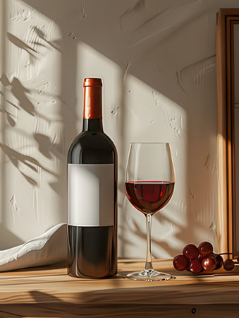 Bottle and glass of red wine on wooden table. 3d renderingの素材